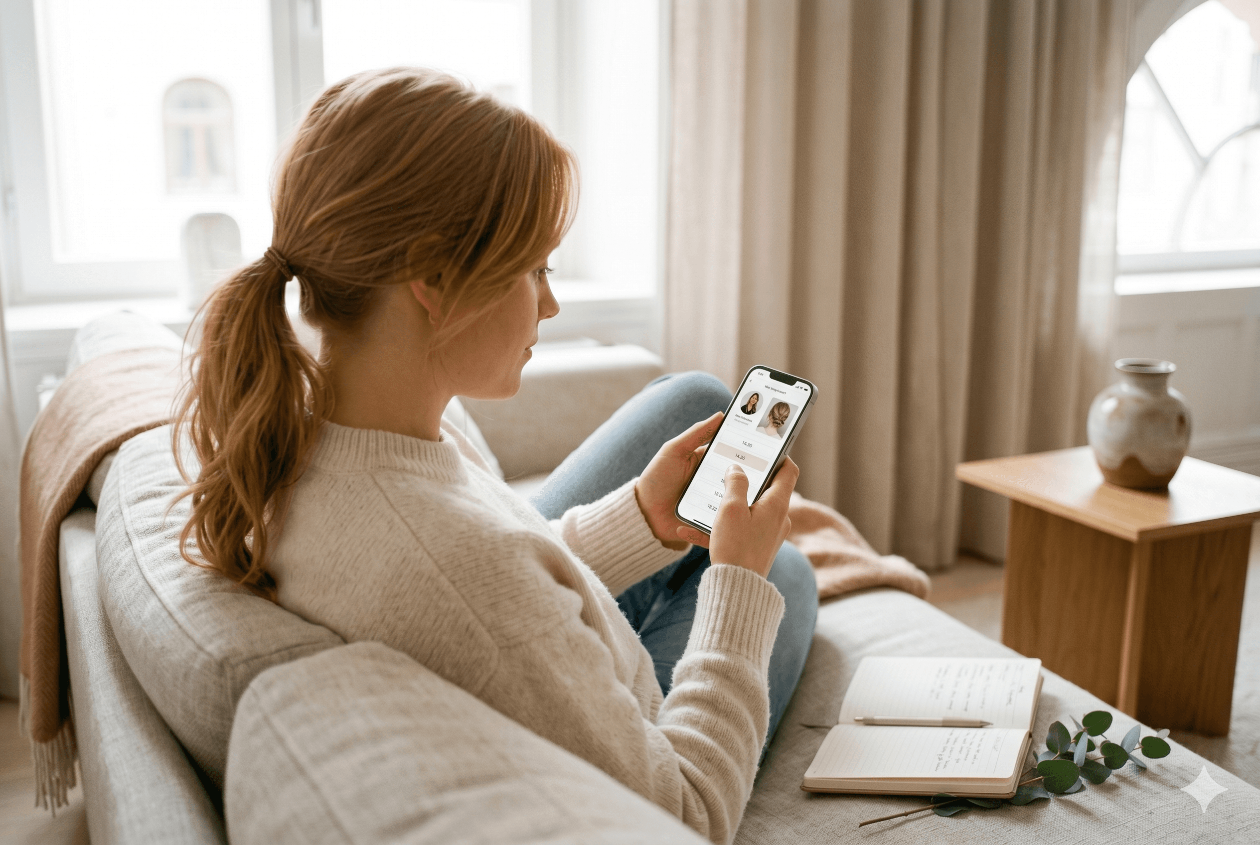 Kvinna väljer tid och specialist i Enkelbokning-appen hemma i soffan