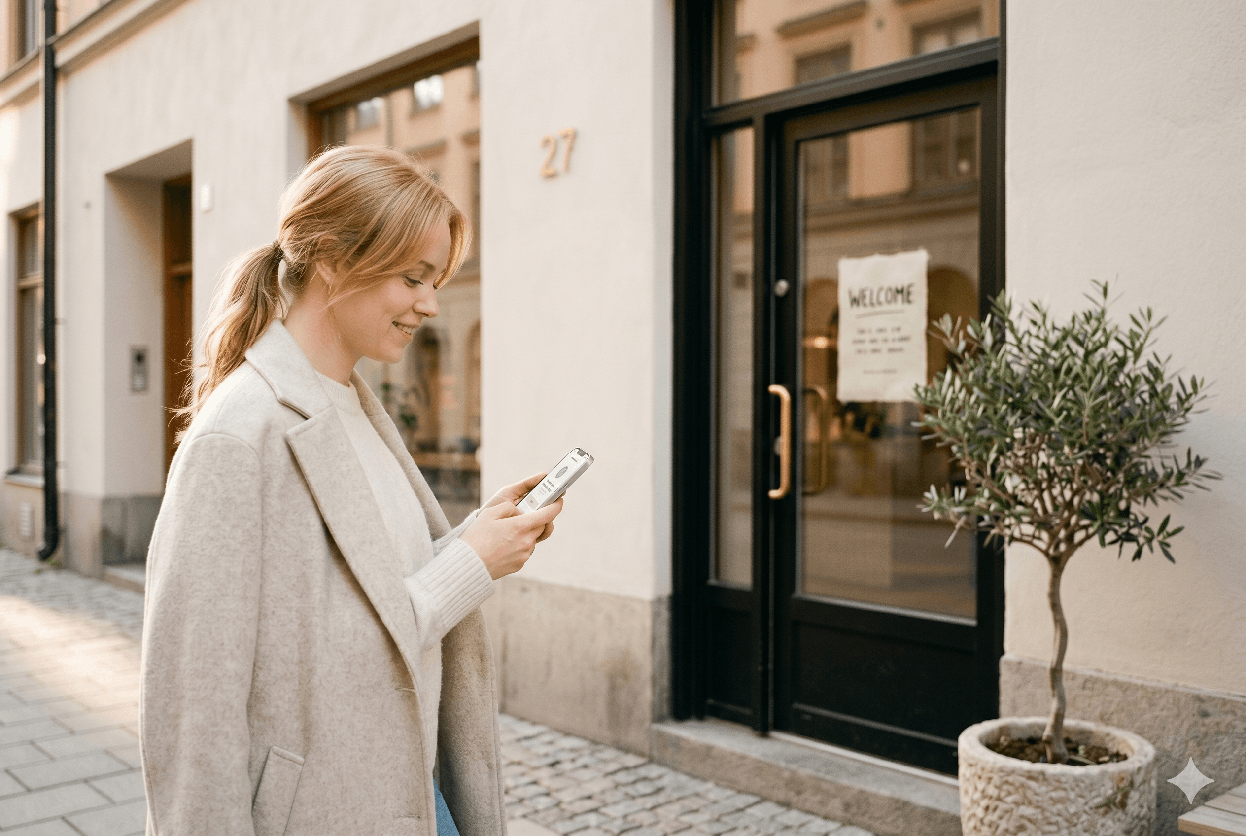 Kvinna går in i en stilren salong och tittar på bokningsbekräftelsen i mobilen